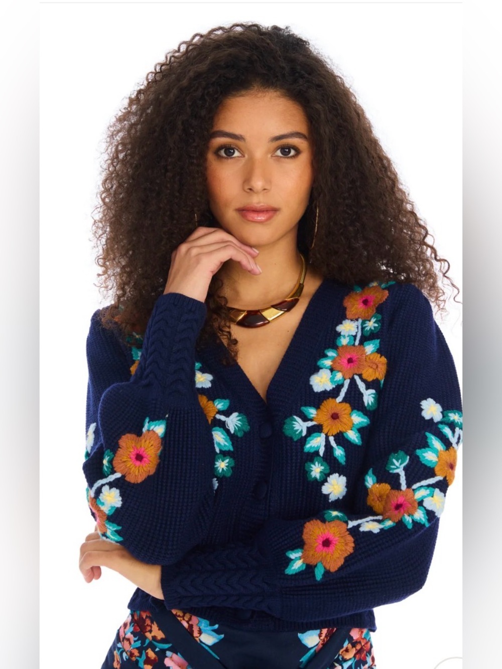 Allison New York Piper Navy Floral Embroidered V-Neck Cardigan Sweater XS NEW